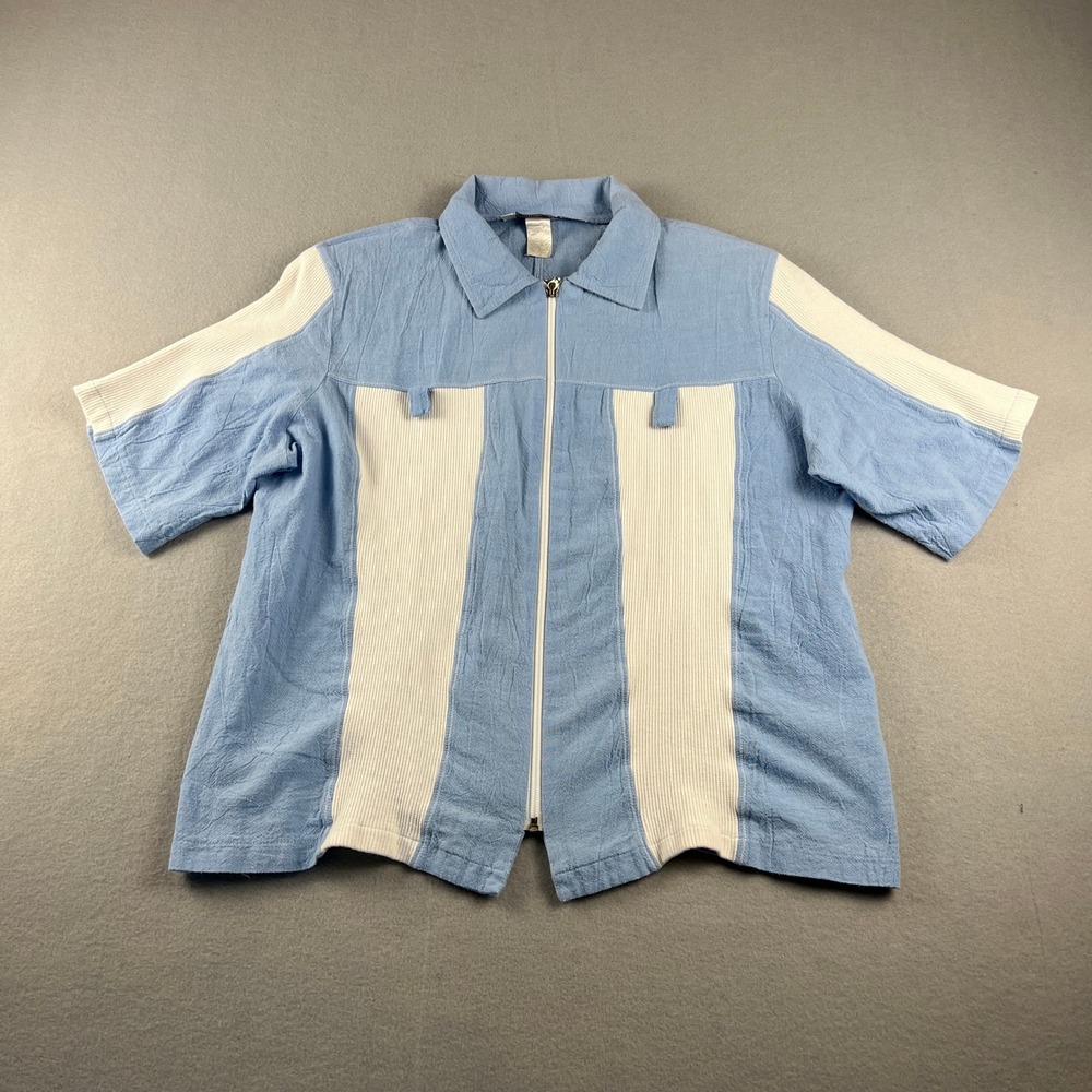 VTG Highlights Zip‎ Up Shirt Womens Large Blue White Ribbed Panel Shoulder Pads